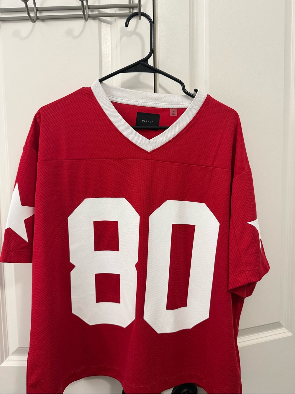 PacSun Red Varsity Jersey Tee with White Number 80 and Star Sleeves